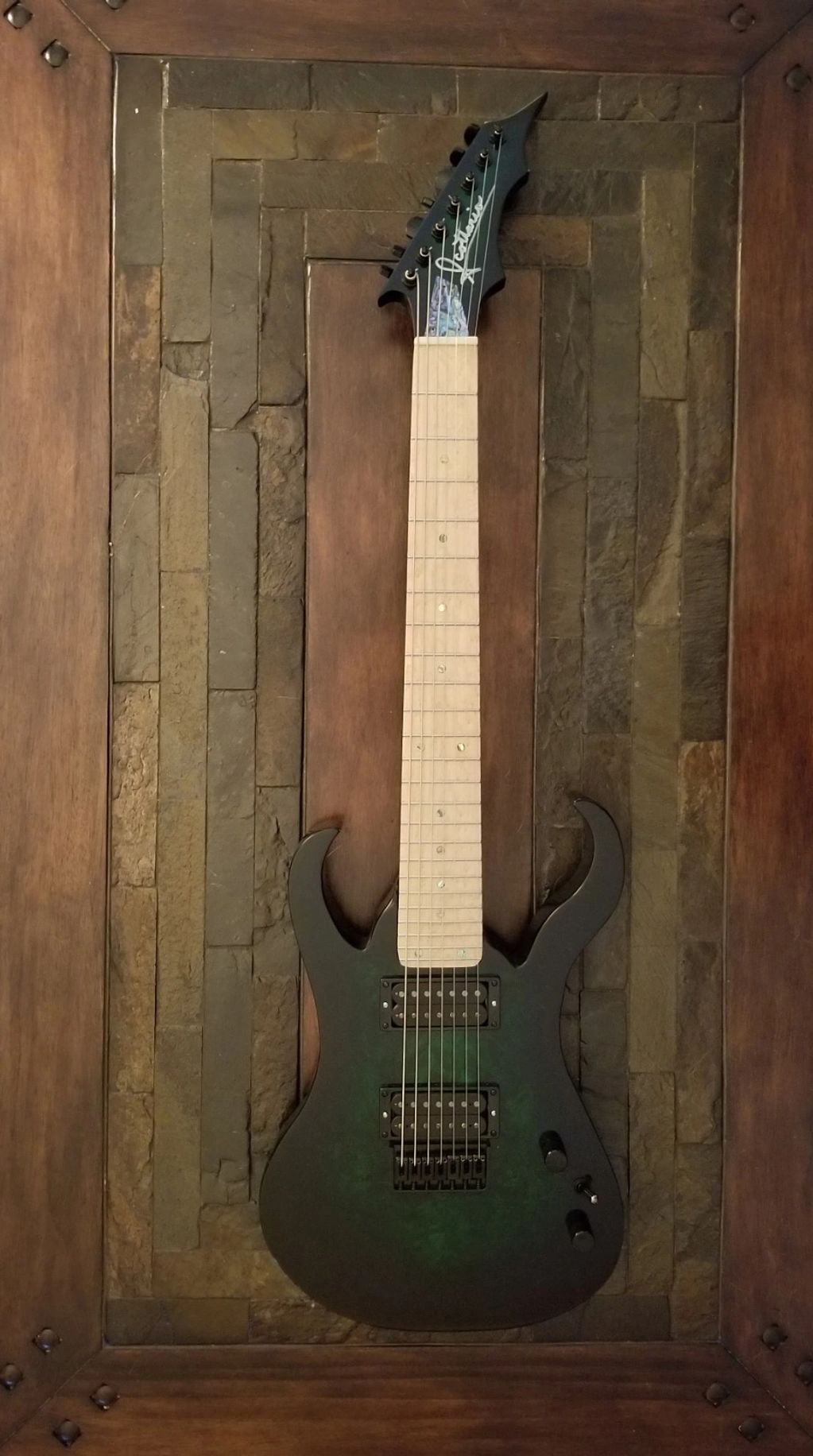 JS27 Green burst, poplar, burl, birds eye maple, 7 string