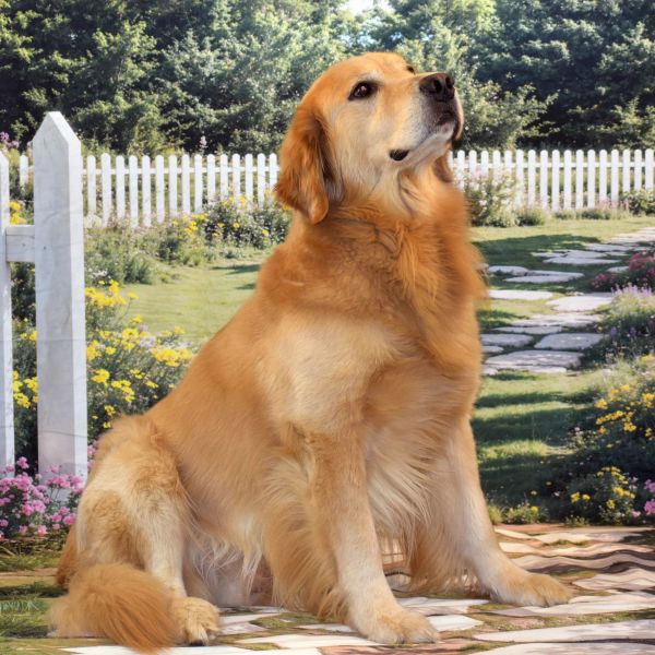 Golden retriever sitting outdoors near a white fence.