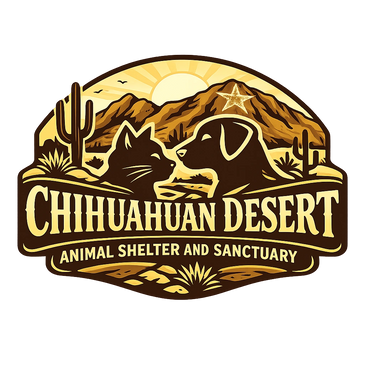 Logo of Chihuahua Desert Animal Shelter featuring a cat, dog, and desert landscape.