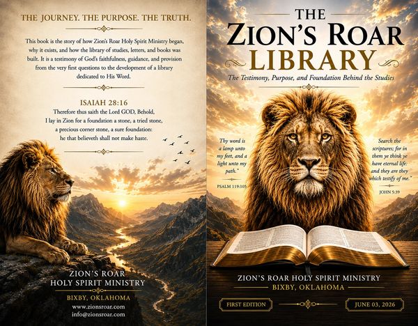 A majestic lion with a Bible symbolizes Zion's Roar Library's spiritual foundation and purpose.