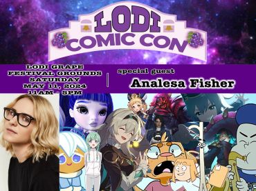 Promotional poster for Lodi Comic Con featuring special guest Analesa Fisher and various animated characters.