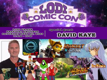 Promotional poster for Lodi Comic Con featuring special guest David Kaye and various animated characters.