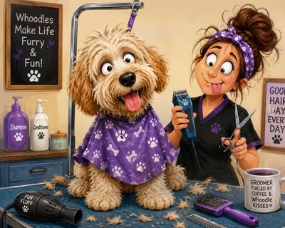Whoodle grooming cartoon: brushing, haircuts & coat care