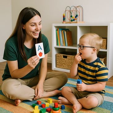 Female therapist during a assent-based ABA therapy session with a young child in a home setting