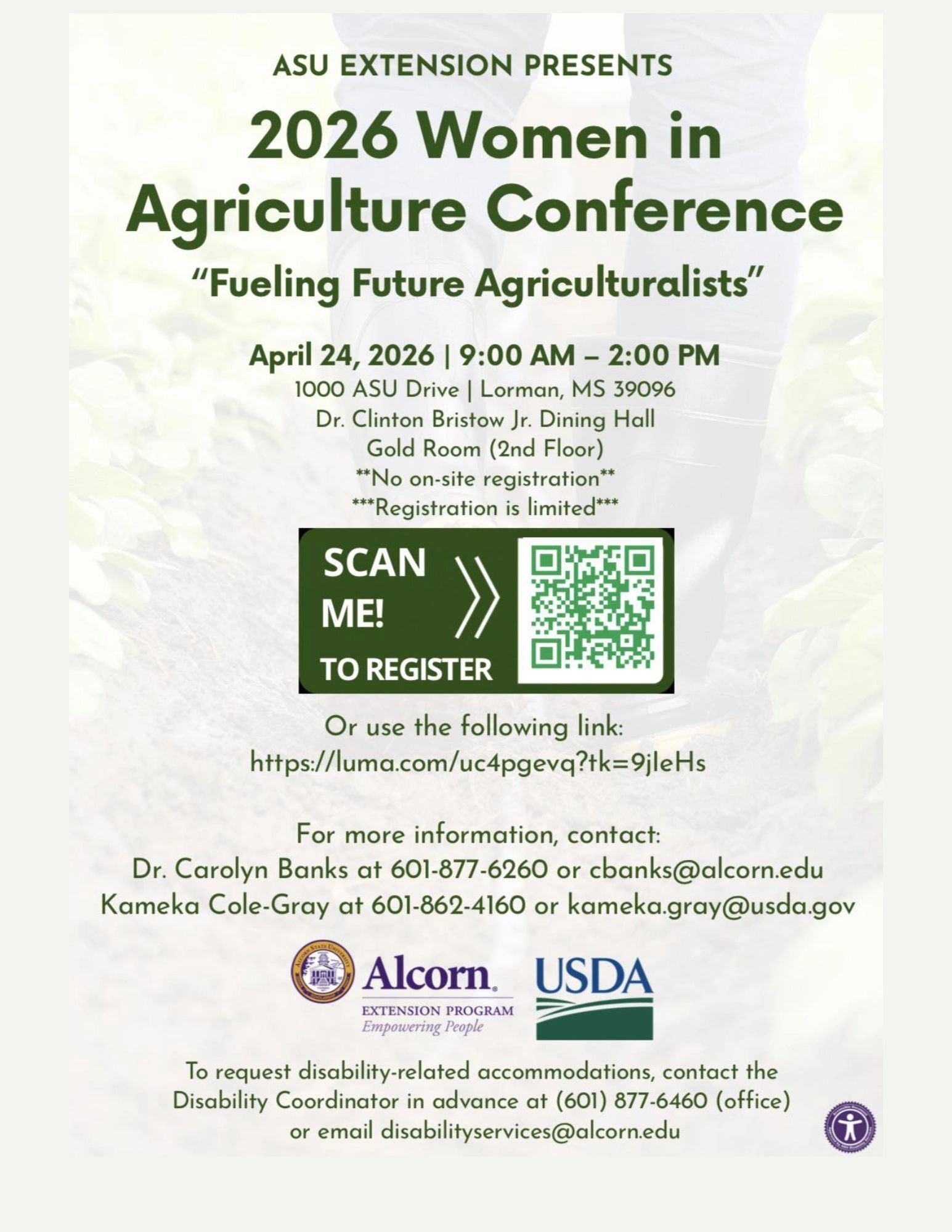 Flyer for 2026 Women in Agriculture Conference with registration QR code and contact info.