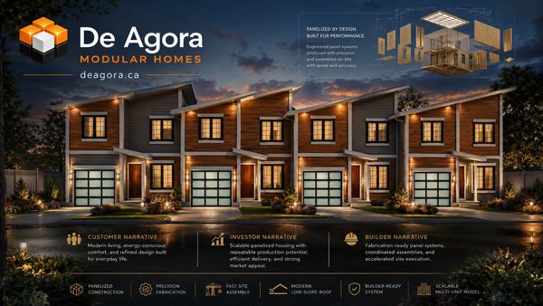 Row of modern modular homes by De Agora at dusk with warm lighting.