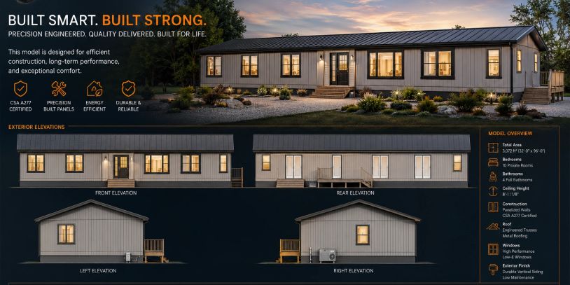 Modern manufactured home with smart, strong design and energy efficiency.