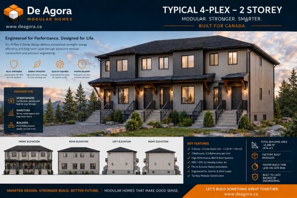 Modern 2-storey 4-plex modular home with energy-efficient design and quality assurance.