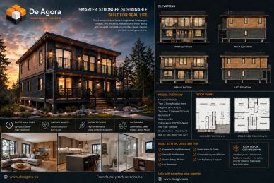 Two-story modern wooden home with large windows and warm lighting at dusk.