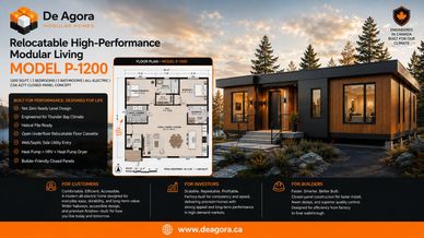 Modern relocatable modular home with floor plan and exterior view at sunset.