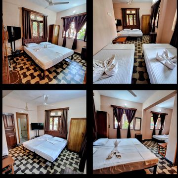 Collage of a bright, neatly arranged bedroom with patterned flooring and wooden furniture.