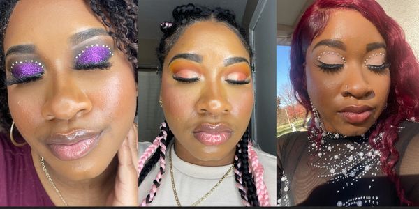 Three women with bold, colorful eye makeup and closed eyes.