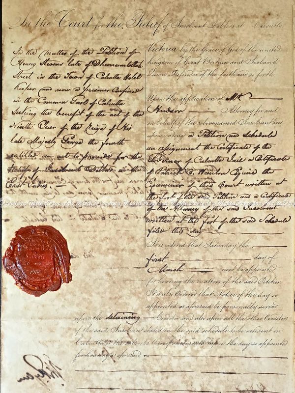 1845 Court Order under the Insolvency Debtors, East Indies Act of 1828