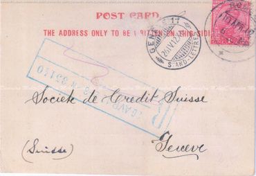 Vintage postcard addressed to Societe de Credit Suisse in Geneva, Switzerland.