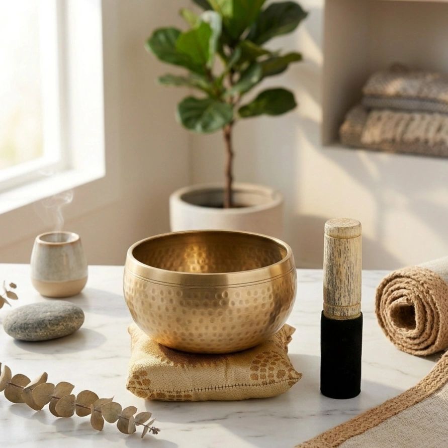A brass singing bowl set on a cushion with a wooden striker and cozy decor.