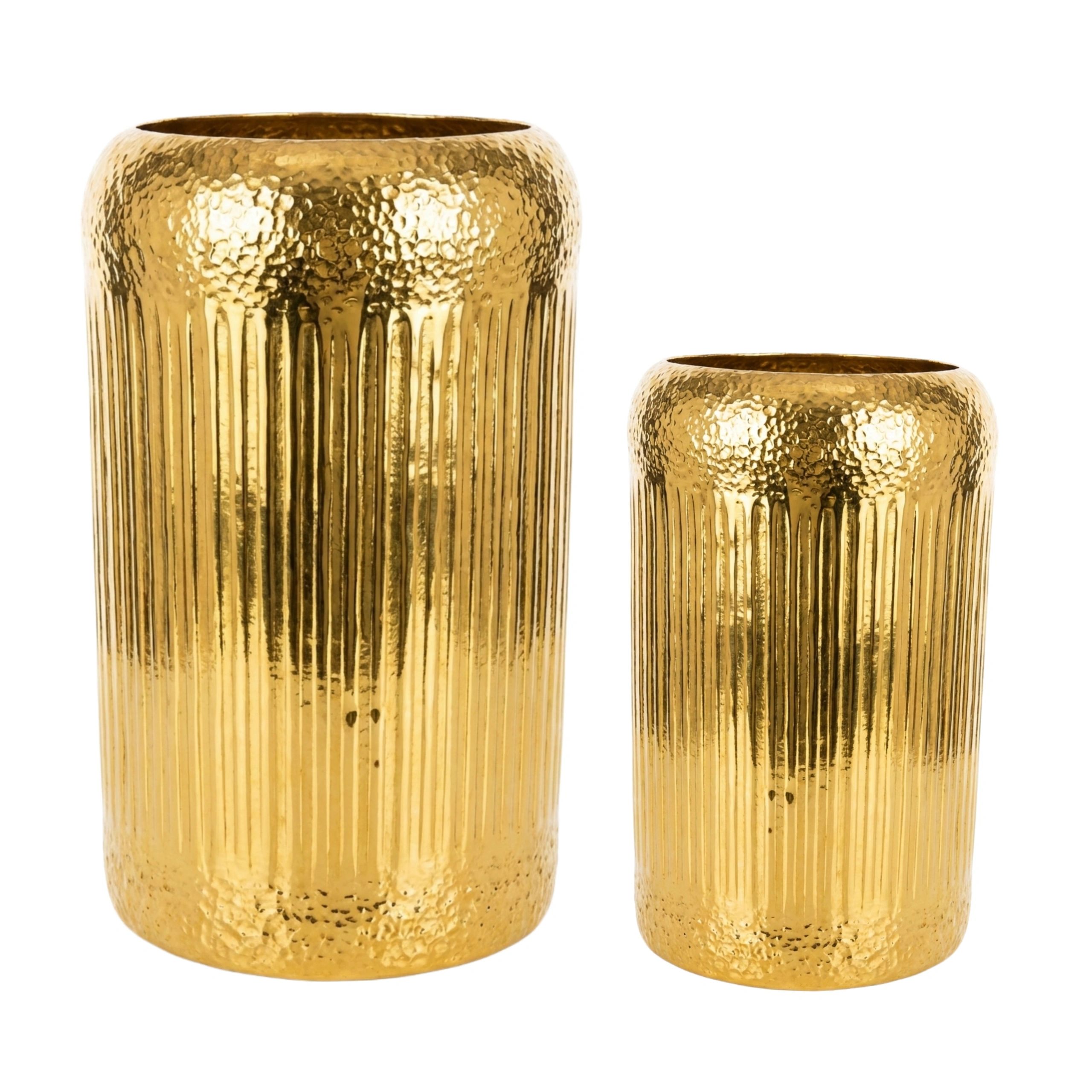 Two textured gold vases with hammered and ribbed details.