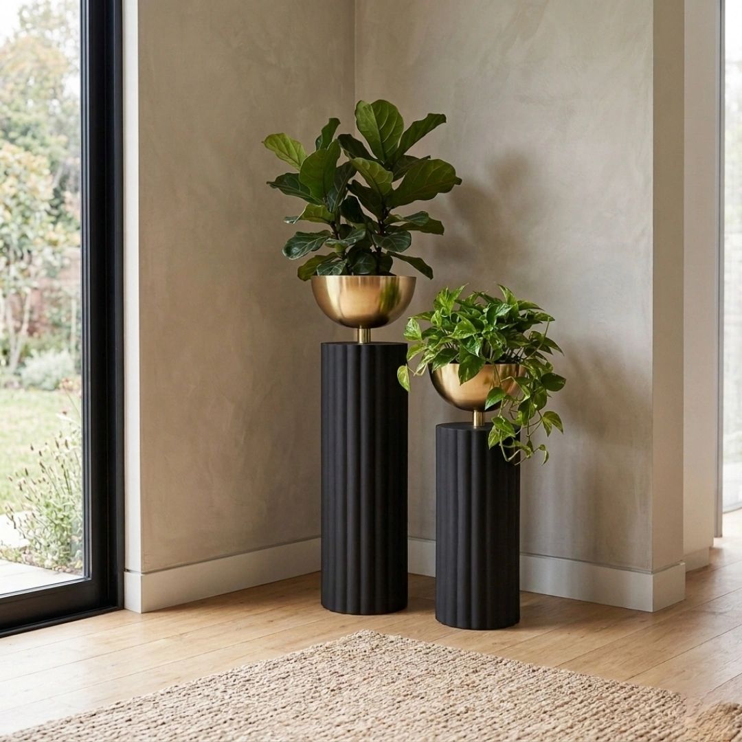 Two modern indoor plants in gold pots on black cylindrical stands by a window.