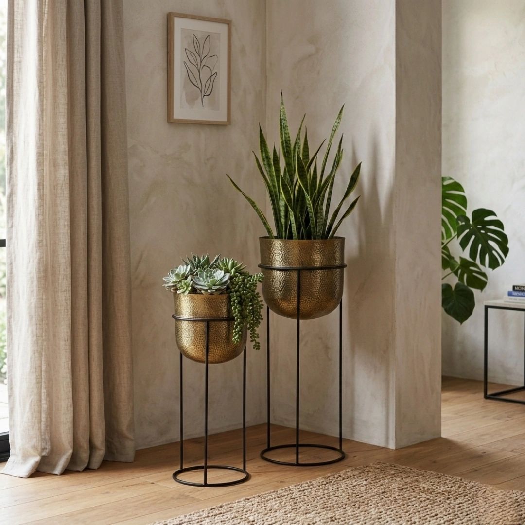 Two stylish gold planters with green plants in a cozy, modern room.