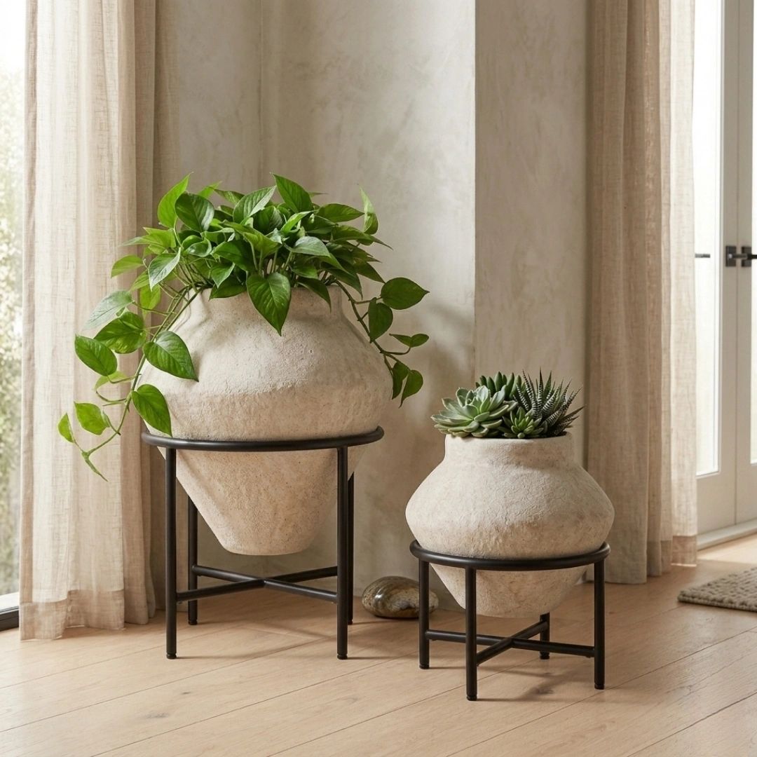 Two modern stone planters on black metal stands with green plants inside.