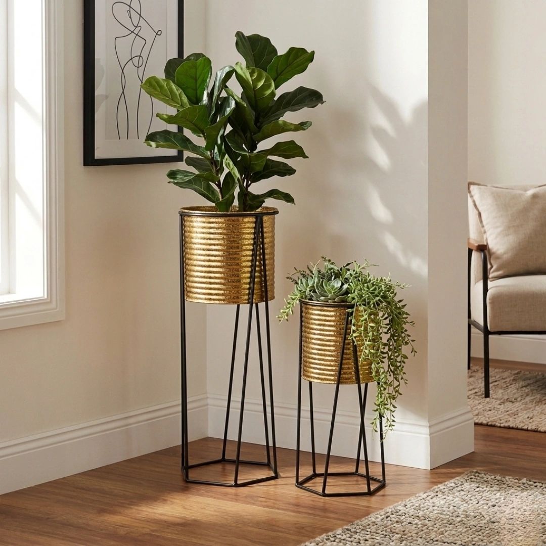 Two gold plant pots with black stands holding green plants in a cozy corner.