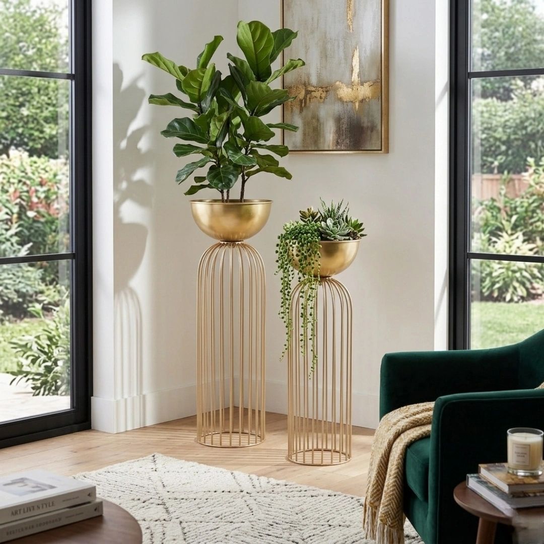 Modern gold plant stands with lush greenery brighten a cozy living room corner.