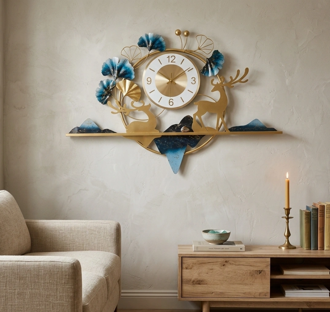 Decorative wall clock with deer and blue floral accents in a cozy living room.