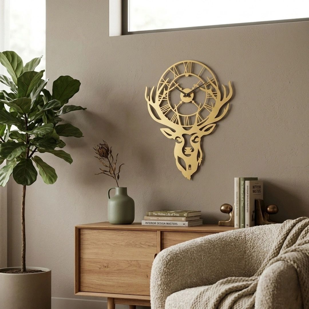 Modern living room with a deer-shaped wall clock and cozy decor.