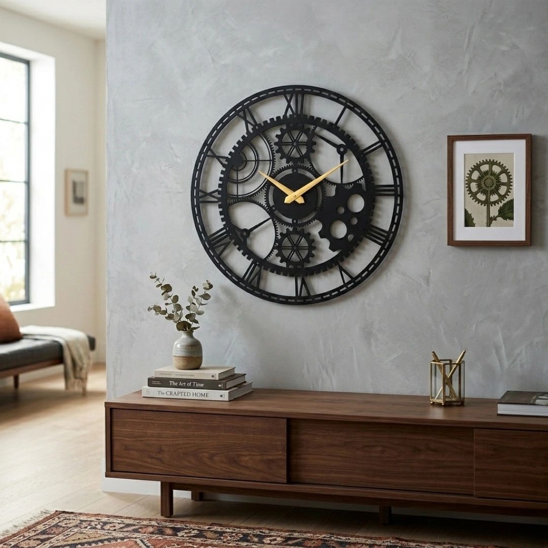 Modern living room with a gear-themed wall clock and wooden furniture.