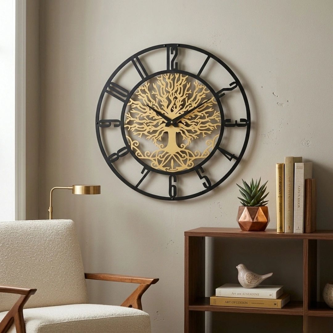Decorative wall clock with tree design in a cozy living space.