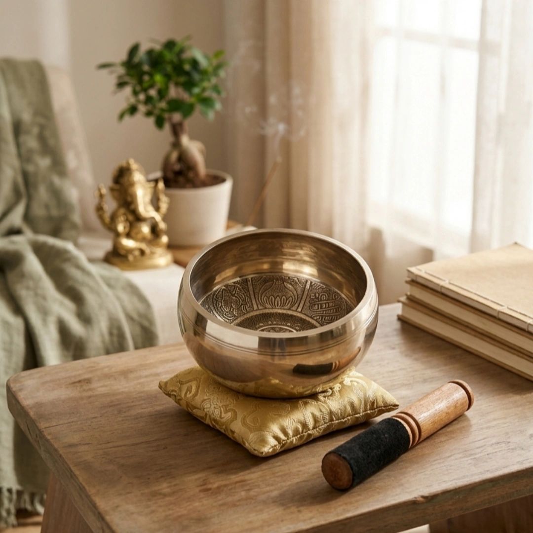 A singing bowl on a cushion with a wooden striker on a wooden table.