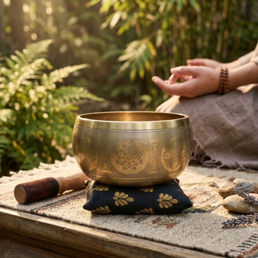 A serene meditation setup with a singing bowl and a person meditating outdoors.