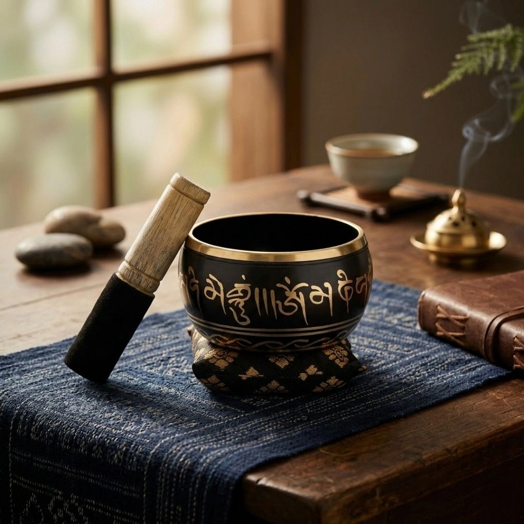 A Tibetan singing bowl with a wooden striker on a blue cloth.