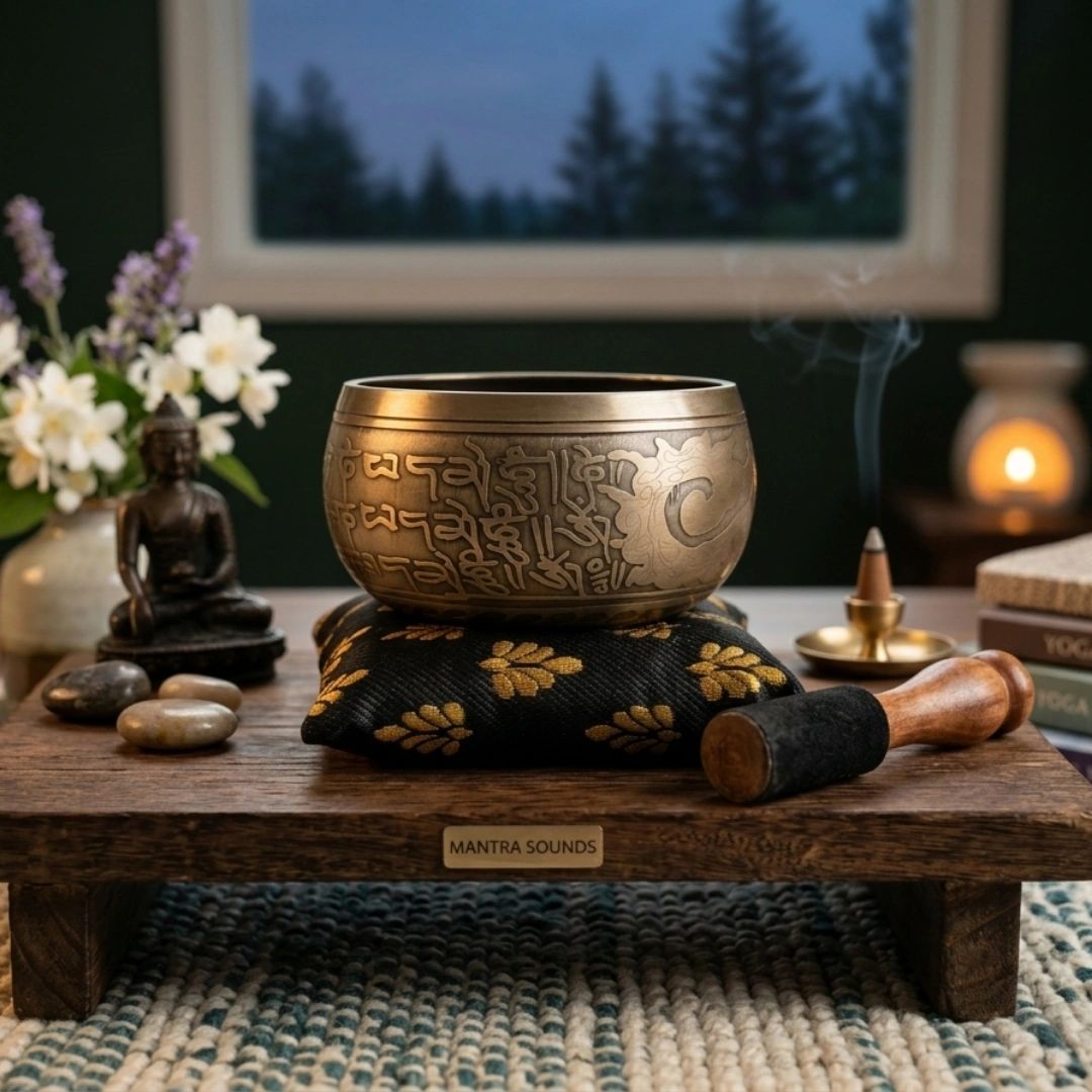 A brass singing bowl with mallet on a wooden table labeled 'MANTRA SOUNDS'.