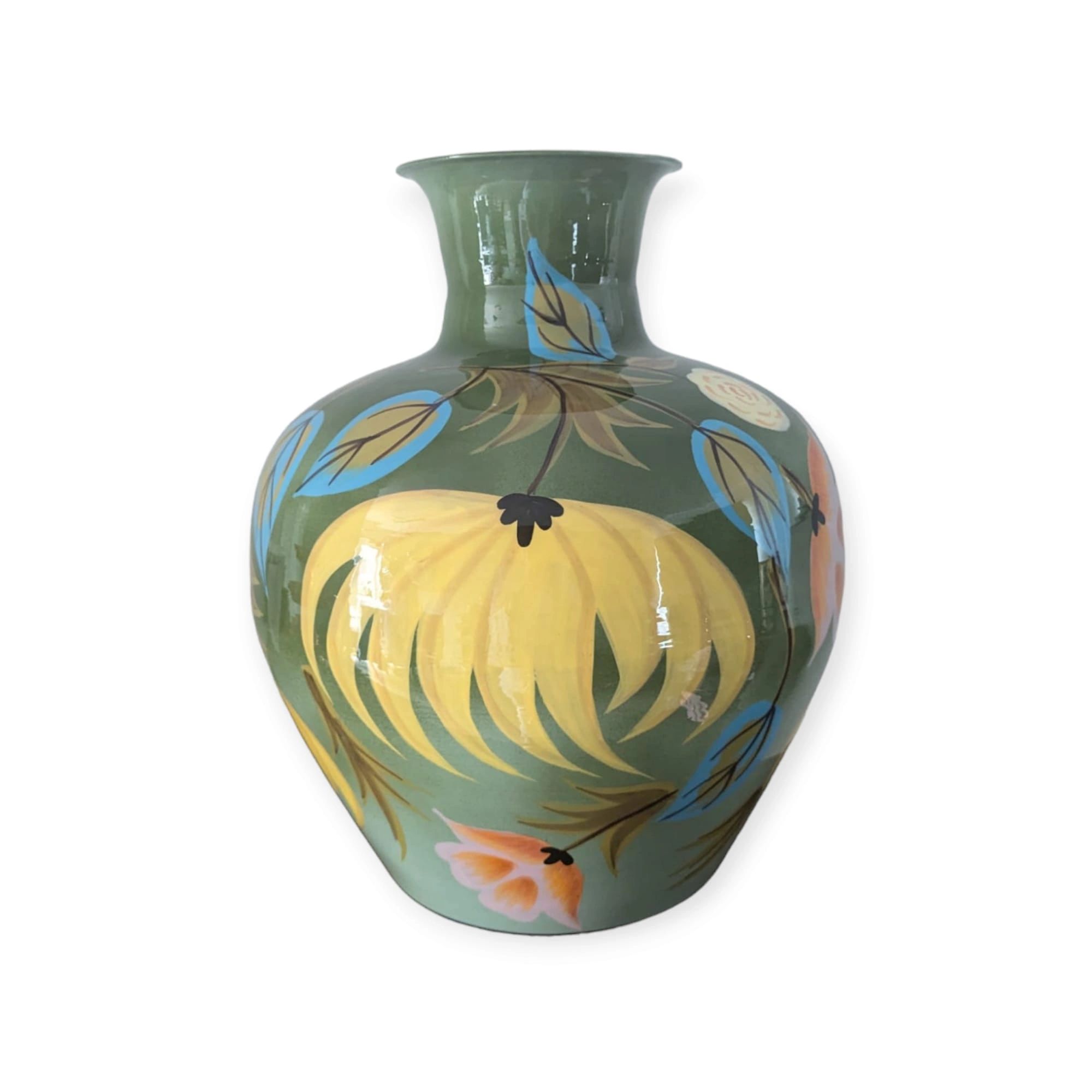 Colorful floral ceramic vase with a wide neck and artistic leaf patterns.