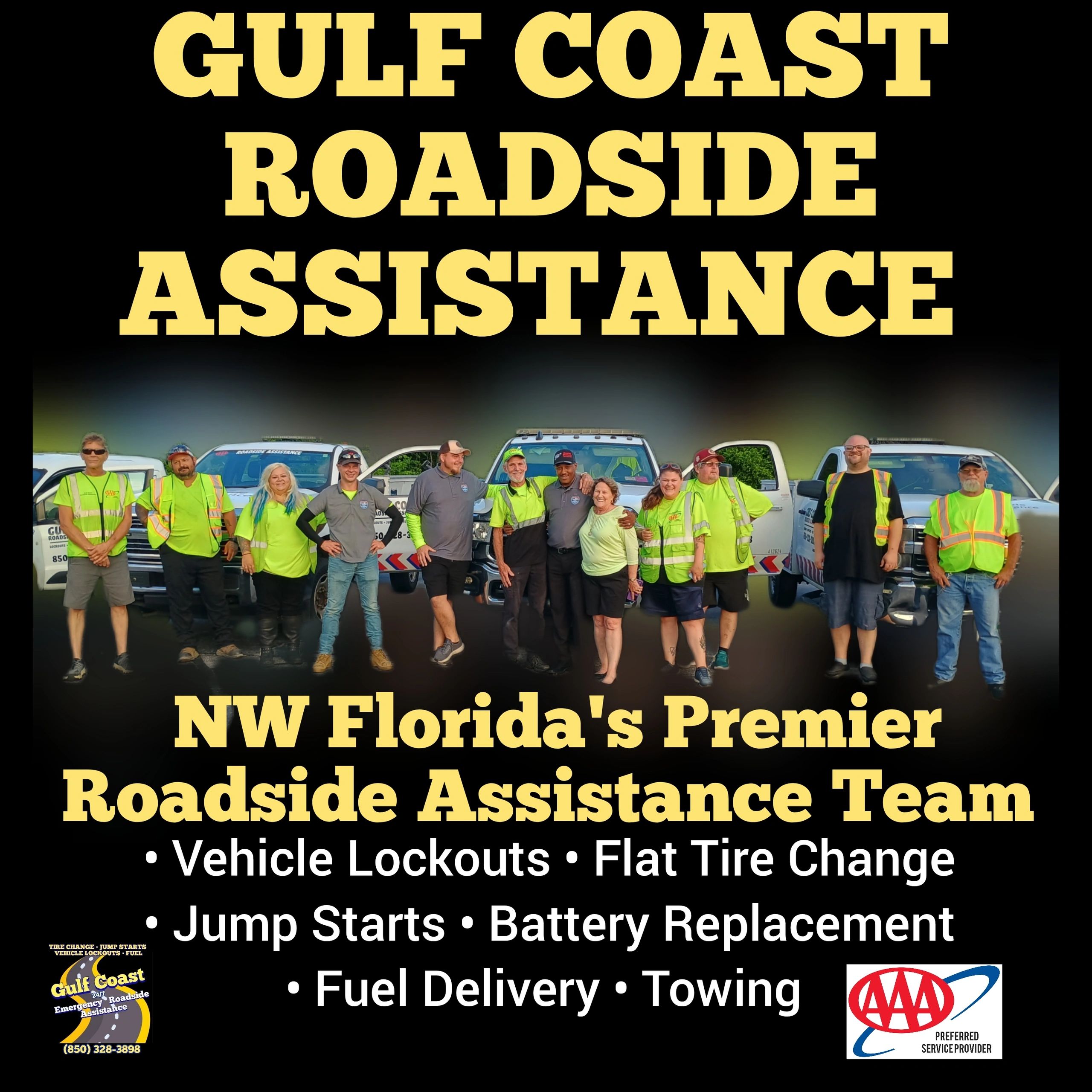 Gulf Coast Roadside Assistance Team Image with Service Vehicles. 