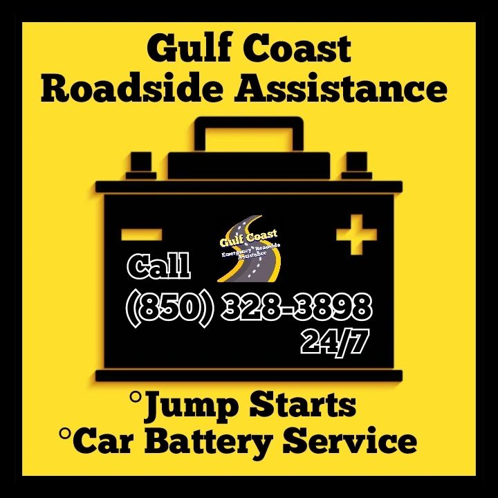 Yellow battery logo. Gulf Coast Roadside Assistance Mobile Car Battery Service. 