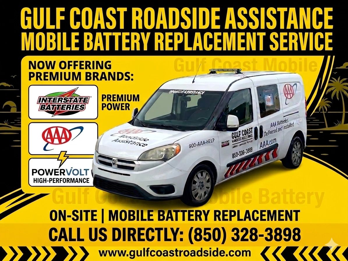 Gulf Coast Roadside Assistance Mobile Battery Replacement image showing vehicle and battery brands.