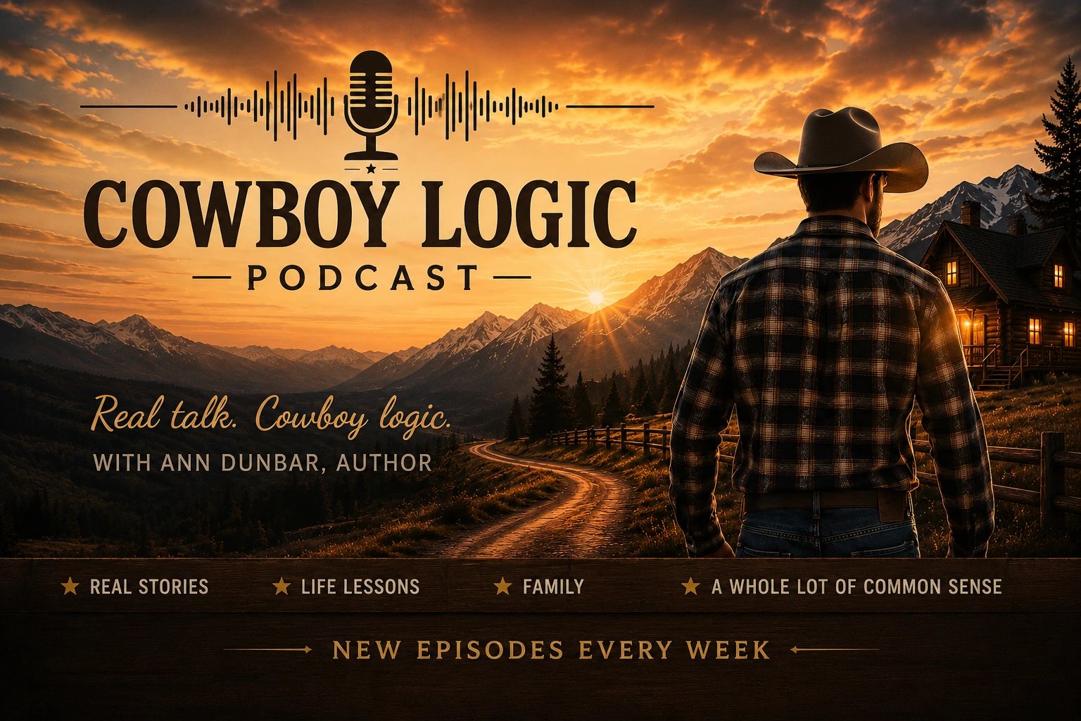 Cowboy Logic Podcast with sunset mountain backdrop and cowboy figure.