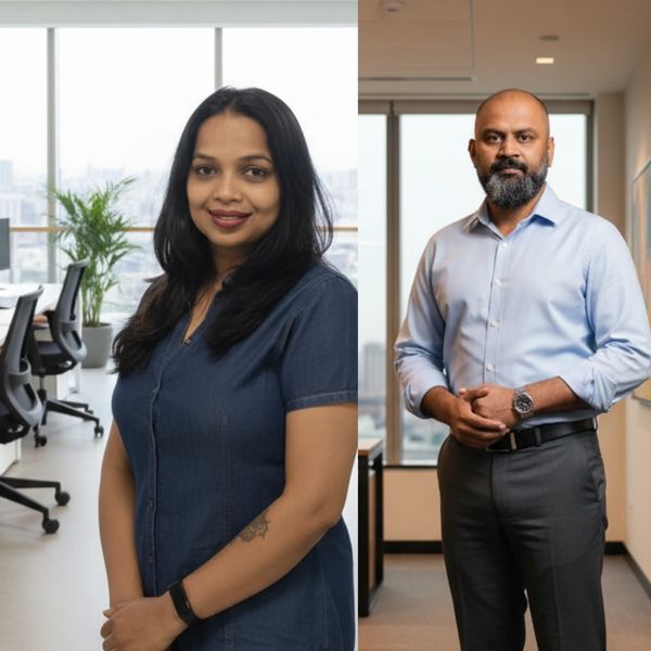 Two professionals posing confidently in modern office spaces with large windows.