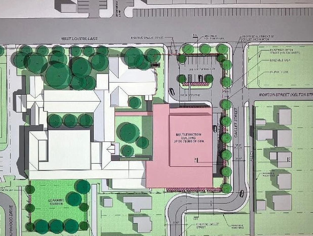 Site plan showing a multifunction building and surrounding area.