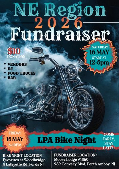 Fundraiser poster featuring a motorcycle and event details for NE Region 2026.