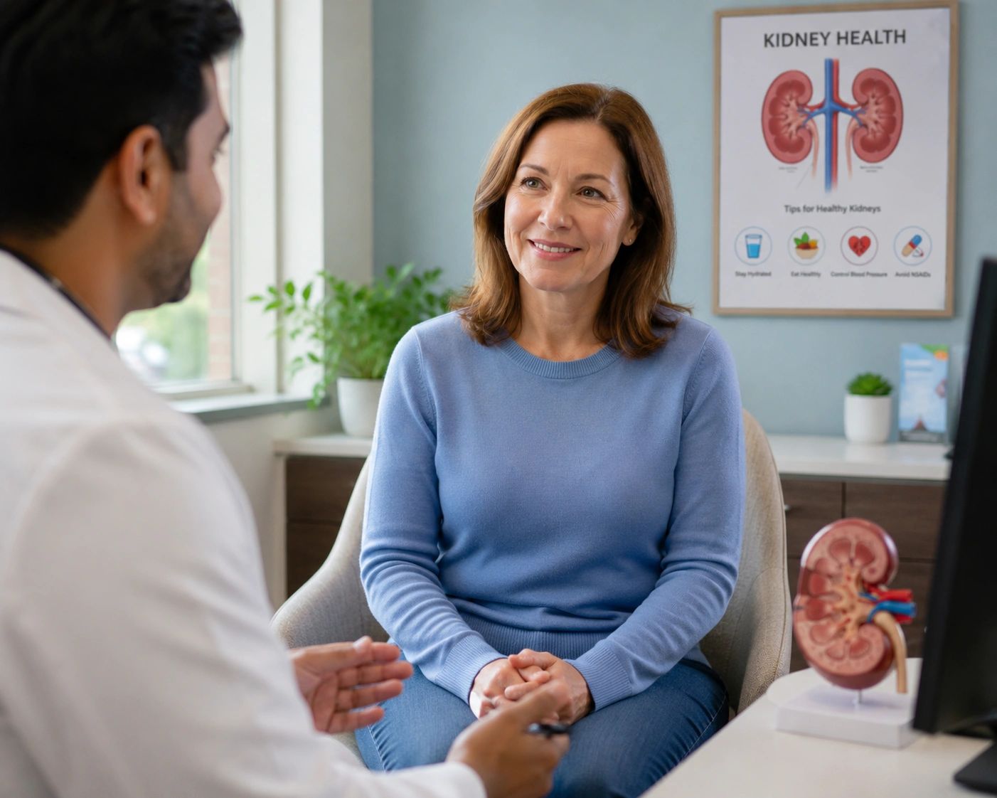 Doctor consulting a smiling woman about kidney health in a medical office.