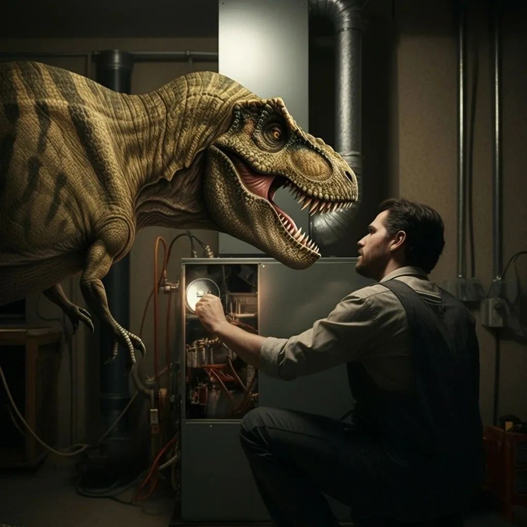 A man adjusts machinery while a realistic T-Rex dinosaur looks on in a dimly lit room.