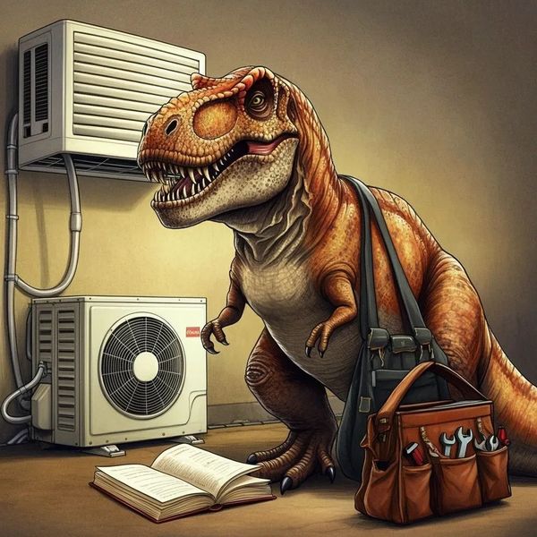A T-Rex with repair tools and a manual, next to an air conditioner unit.