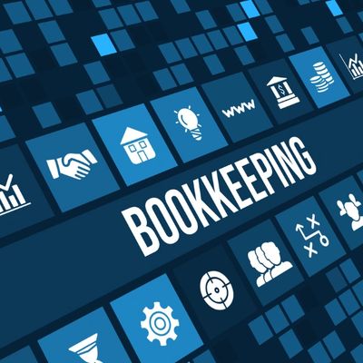 Digital icons representing bookkeeping and financial management concepts.