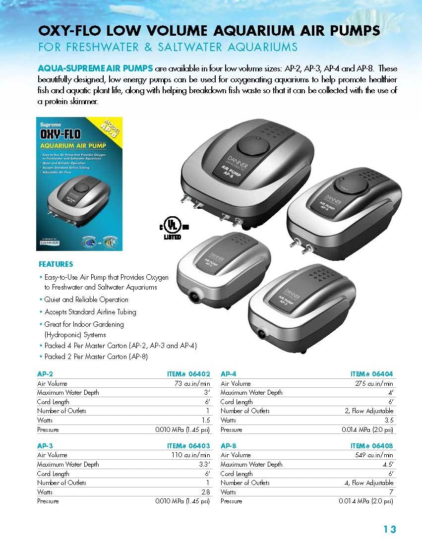 Oxy-Flo low volume aquarium air pumps for freshwater and saltwater aquariums.