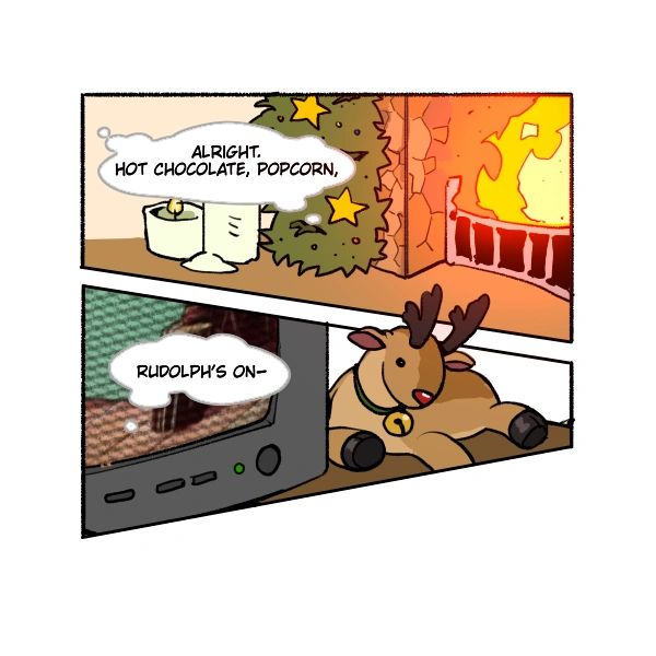 Christmas scene with cozy fireplace and reindeer decoration.