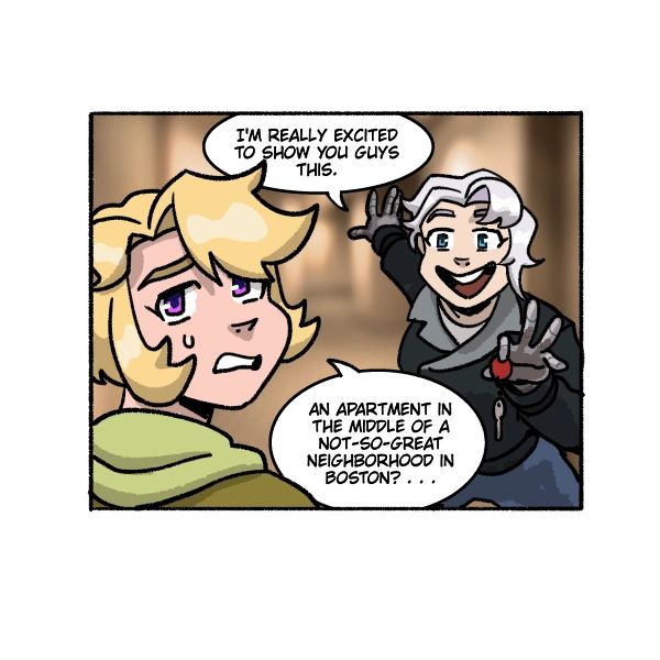 Two characters discussing an apartment in Boston.