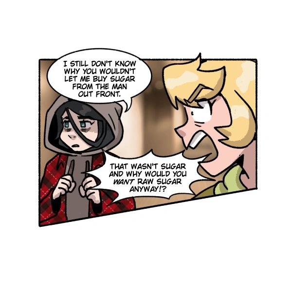 Two characters discuss buying sugar from a man outside.