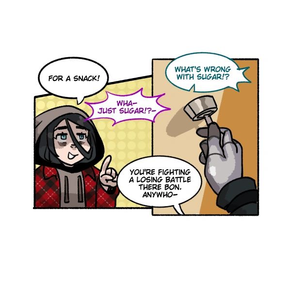 Two characters discuss sugar as a snack.